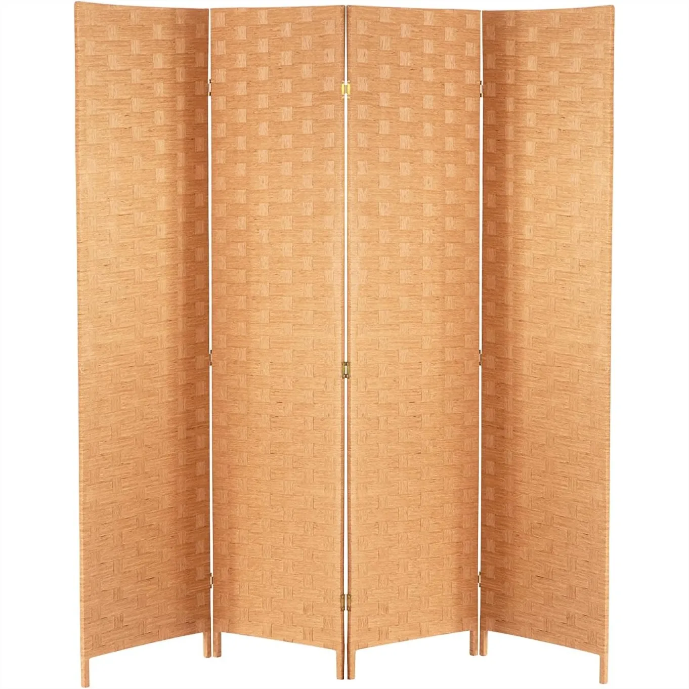 

4 Panel Folding Wooden Room Divider with Woven Design for Living Room, Privacy Screen 71"H