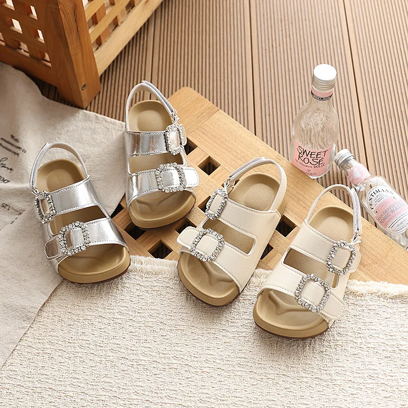 Girls Beige Roman Sandals 2026 Summer Soft Fashion Flat Beach Shoes Kid's Student Beaded Roman Shoes Children's Summer Footwear