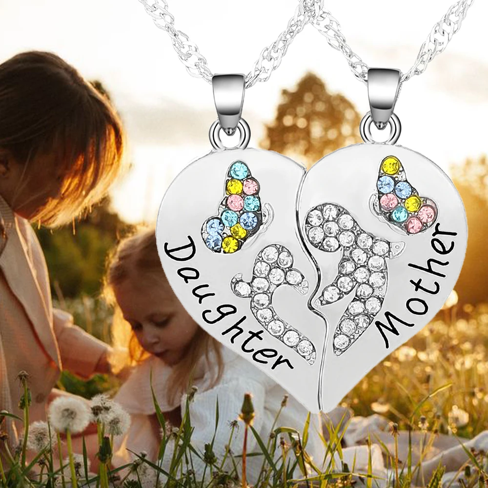 2Pcs/Set Cute Crystal Butterfly Design Broken Heart Puzzle Mom And Daughter Necklace Water Wave Chain Mother' Day Jewelry