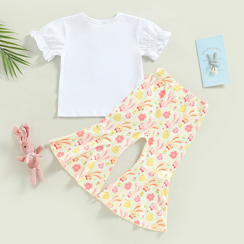 Roupas fofas de Páscoa para bebês meninas com estampa de coelho, top de manga curta e calças com babados com estampa floral, conjunto de 2 peças para crianças