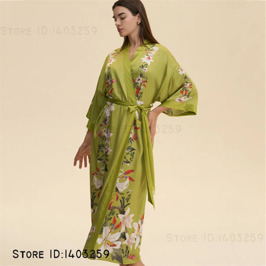 Print Floral Bride Wedding Long Robe Dress Negligee Elegant Silk Satin Kimono Gown Bathrobe Big Size Loose Homewear Nightgown