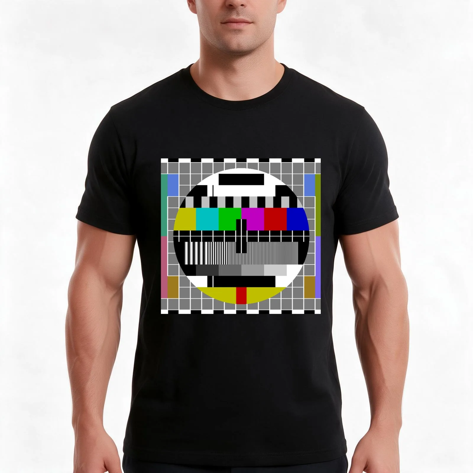 Test Pattern Logo T-Shirt, Summer Casual Cotton Tee, Oversized Streetwear Tops, Vintage Graphic Print, Loose Fit Short Sleeve