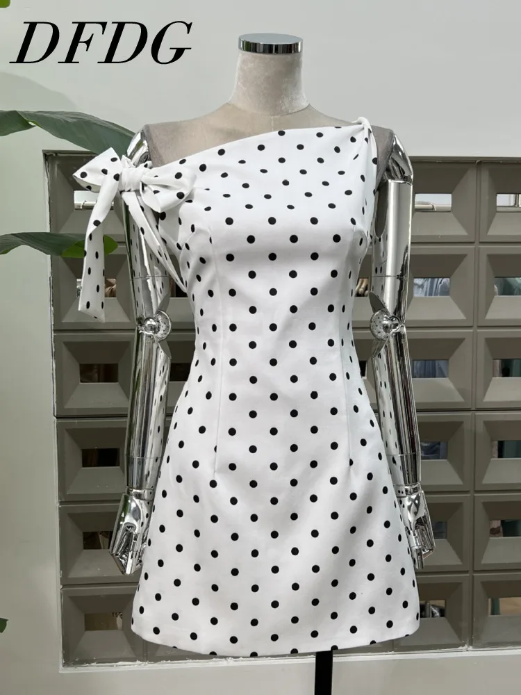 

DFDG Women's 2025 Polka Dot Bodycon Dress Off Shoulder Bow Ribbon Slim Fit Party Gown Spring Summer Cocktail Club Date Dress