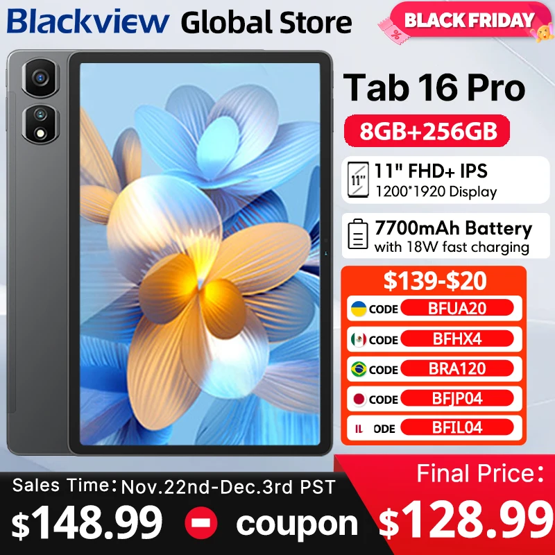 【العرض الأول عالميًا】 2024 Blackview Tab 16 Pro تابلت 8 جيجابايت + 256 جيجابايت شاشة FHD+ مقاس 11 بوصة يعمل بنظام Android 14 Widevine L1 بطارية 7700 مللي أمبير في الساعة