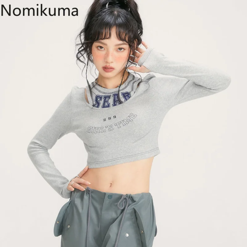 

Nomikuma Camisetas Spring Autumn Letter Print Fake Two Piece High Waist Slim Crop Top Women Harajuku Street Long Sleeve Tees