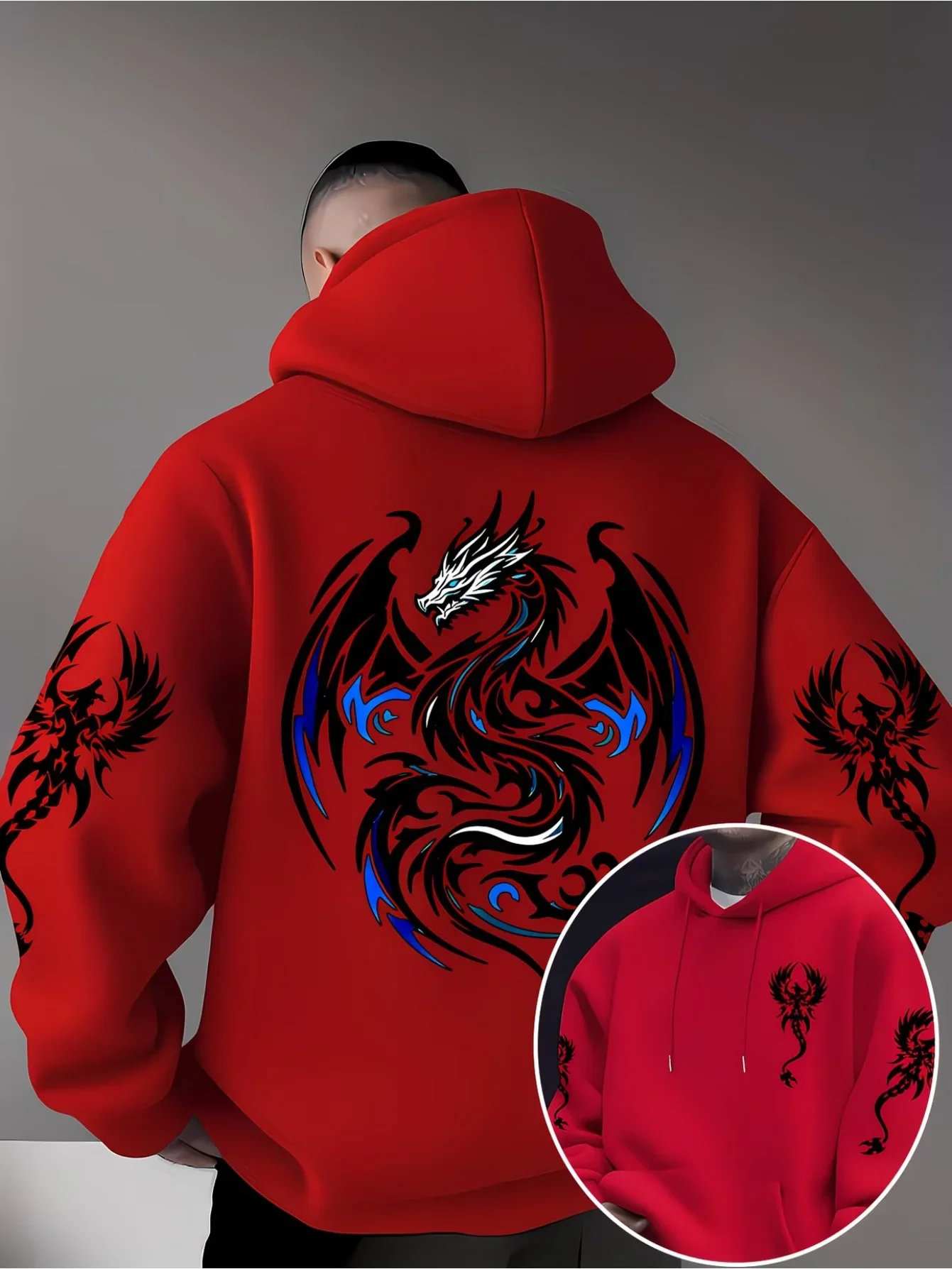 Men’s Dragon Totem Hoodie, Back and Sleeve Graphic Print, Autumn Winter Fleece Lined Loose Streetwear Pullover Sweatshirt