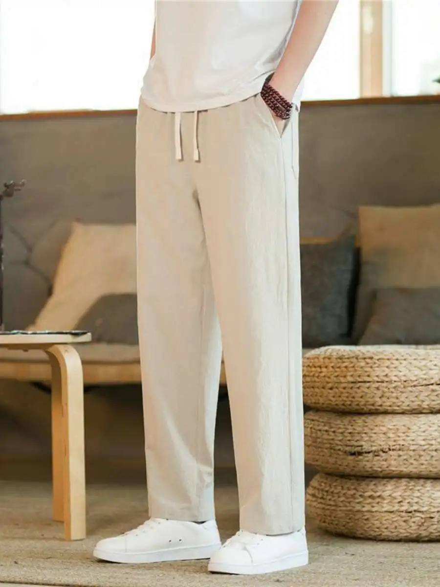 

New Men's Cotton Linen Pants Summer Trendy Loose Straight Leg Dra Long Breathable Casual Trousers Comfortable Fit