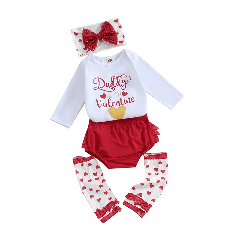 

Baby Girl Valentines Day Outfit Long Sleeve Newborn Romper Infant Shorts With Leg Warmers Headband Set 5Pcs