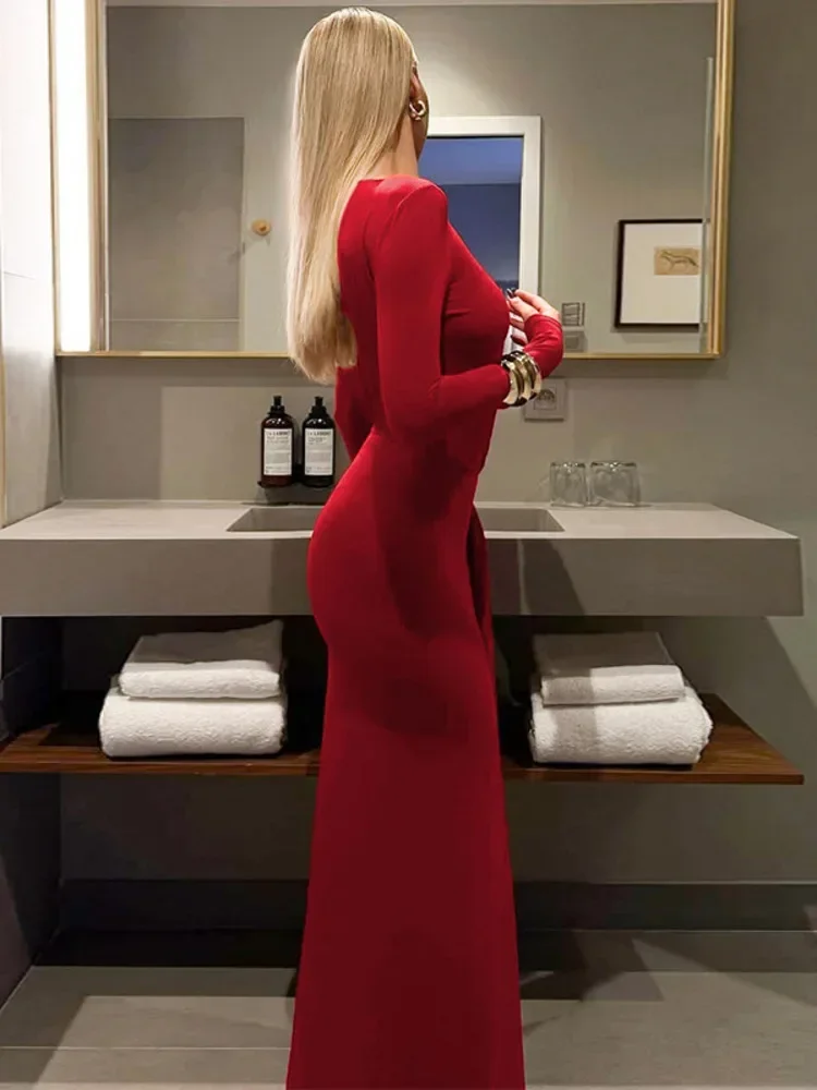 Chaxiao Jesienna Sukienka Maxi z Długim Rękawem, Marszczona, Seksowna, Damska Moda, Jednolita, Dekolt O, Drapowana, Obcisła, Klubowa, Imprezowa, Długa Sukienka Damska