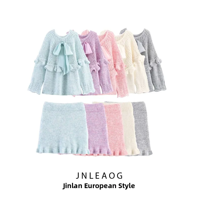 JNLEAOG Faionable tricoté jupe ensemble avec Saes pour les femmes automne nouveauté chaud longue Sve deux pièces costume européen Sle