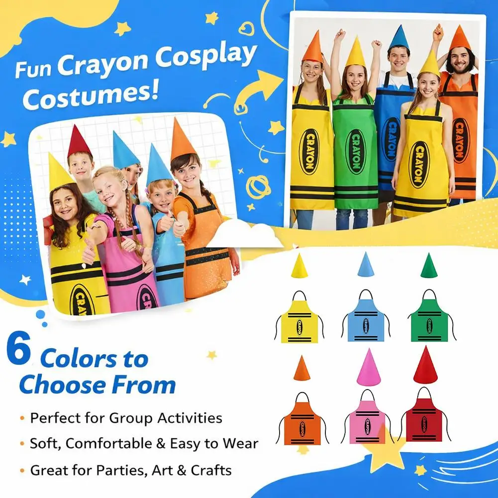 Colorful Cleaning Apron And Hat Set Crayon Themed Household Protective Coverall Bib For Art Craft Activity Costume Party