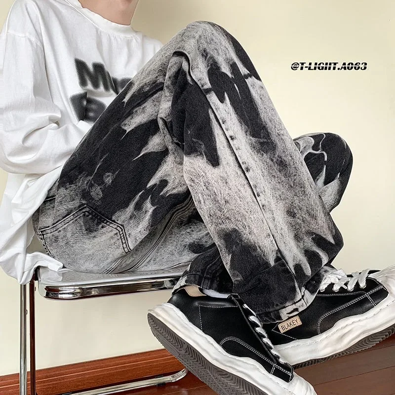 Juspinice American Tie-dye Retro High Street Jeans Men Hiphop Loose Casual High Street Straight Pants Men Trousers Male Clothes