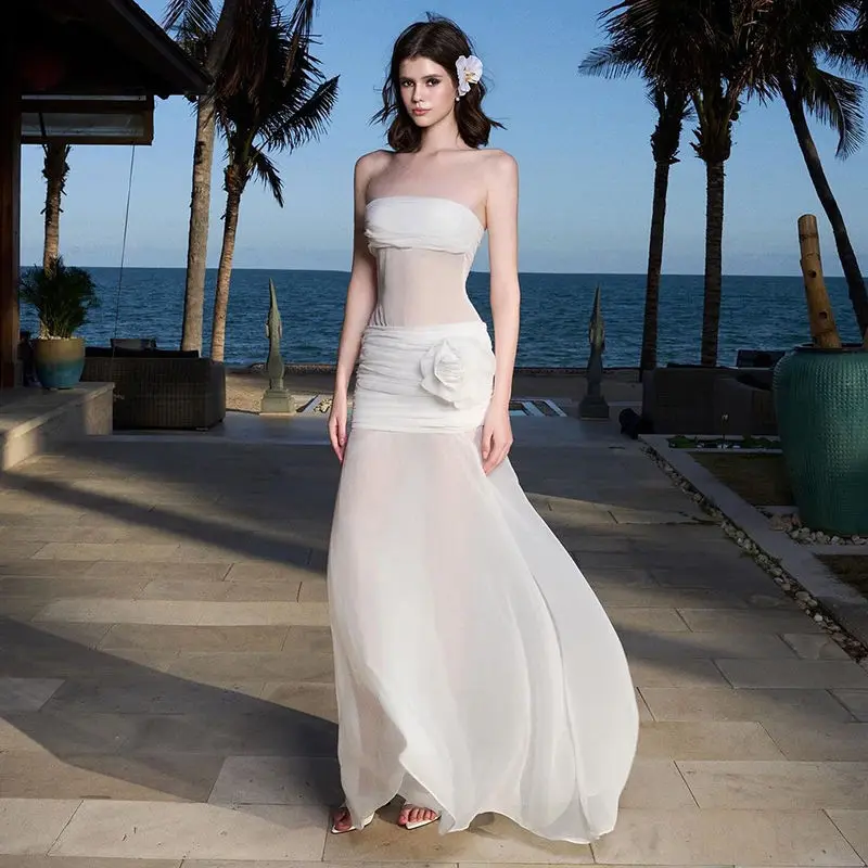 Seaside Elegant Mesh Perspective Long Dress Woman Sexy Strapless Summer Waist Hugging Y2K White Wedding Evening Dresses