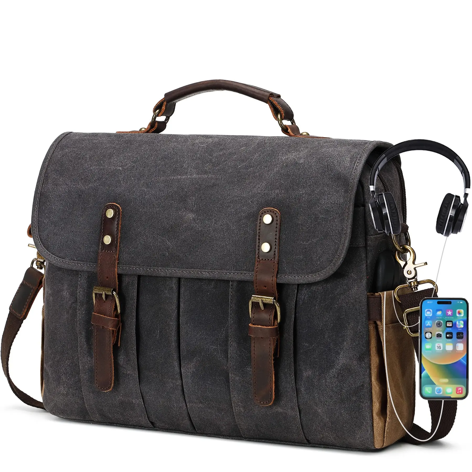 Mens Messenger Bag 15.6 Inch Waterproof Vintage Genuine Leather Waxed Canvas Briefcase Large Leather Computer Laptop Bag Rugged