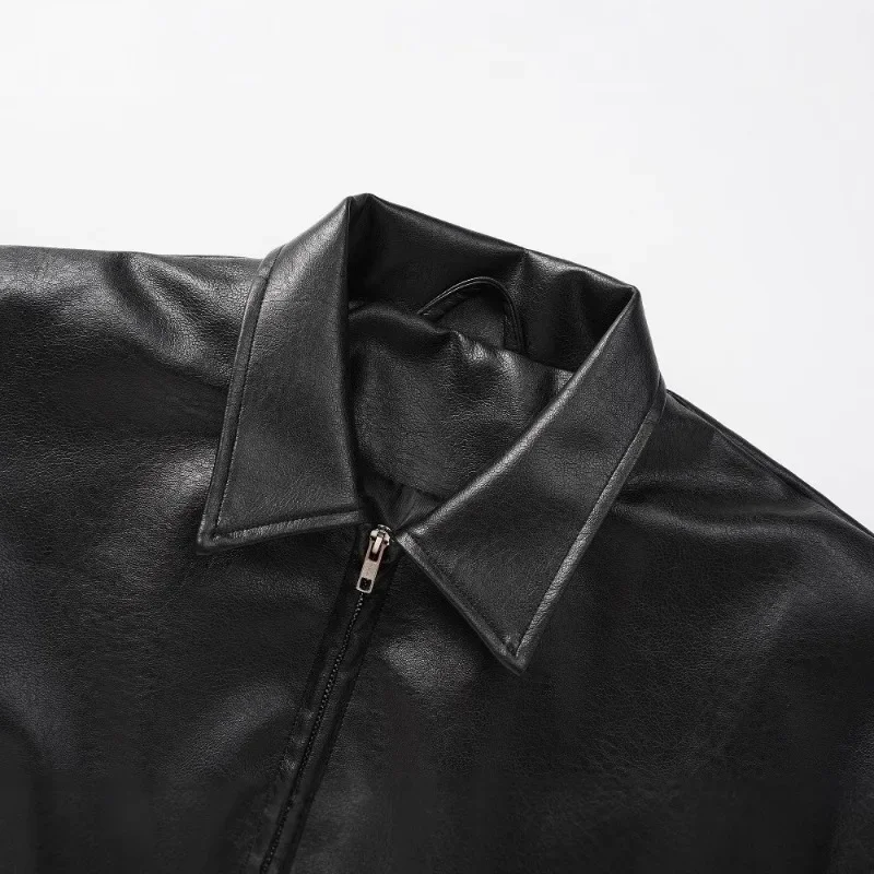 Short locomotive leather jacket men's trendy high street solid color loose metal double head zipper casual pu leather jacket