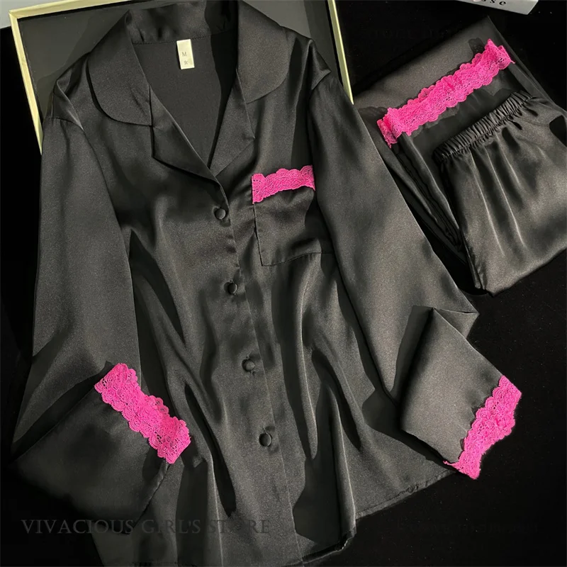 

New Female Pajamas 2Pcs Set High Quality Satin Long Sleeve Trouser Pijamas Suit Loose Casual Womens Matching Sets Homewear