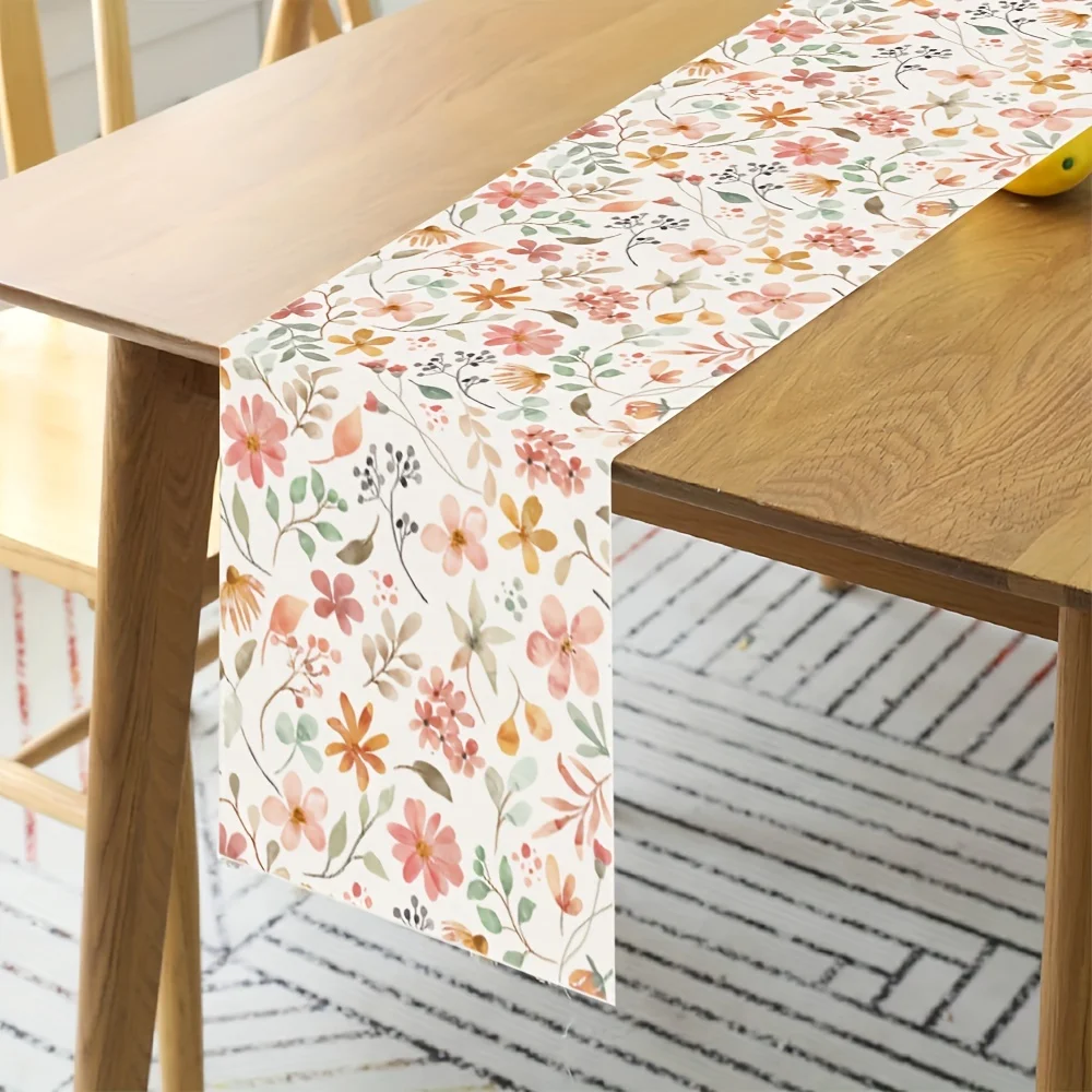 Spring Watercolor Wildflowers Linen Table Runner Dresser Scarf Decor Seasonal Kitchen Dining Table Runners Holiday Party Decor