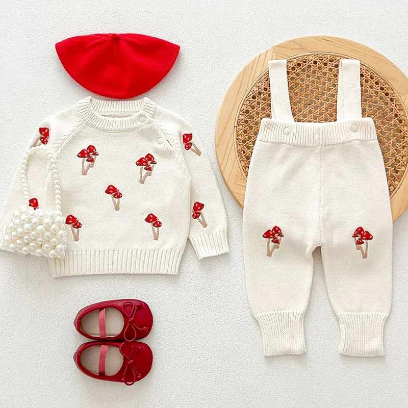 2024 New Autumn Infant Baby Girls Knitted Clothing Set Long Sleeves Embroidery Sweater+Jumpsuit Children Knitted Clothes Suit