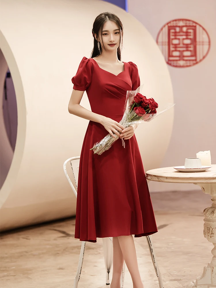 

Red Wedding Dr ort Sve Satin Material Slimming Sle Korean Version mid Waist Long Skirt for Engagement Par Perform...