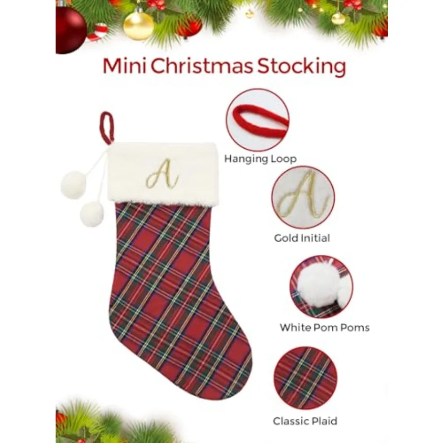 20" Classic Plaid Christmas Stockings Initial Monogram Embroidered Stockings with Pom Pom Ball for Christmas Fireplace Decor an - view 3
