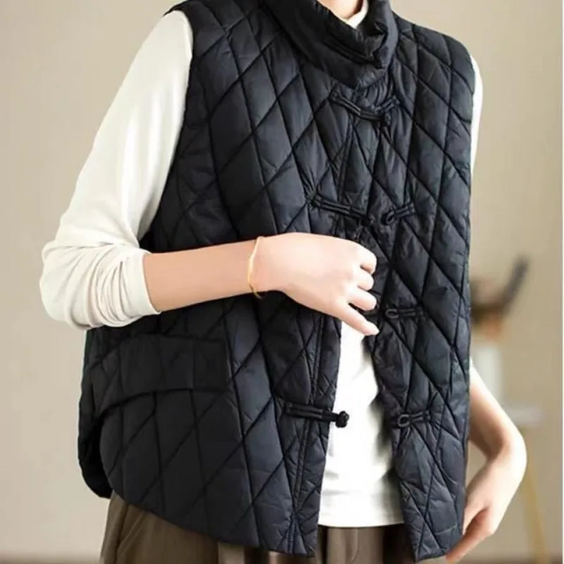 Autumn Winter Women Clothing Vests Sleeveless Quilted Jacket Vintage Lightweight Cotton Jacket Warm Design Waistcoat Cardigan