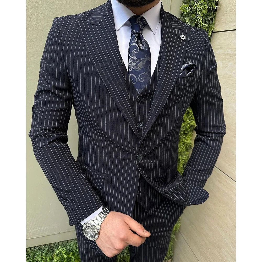 

Black Pinstripe Men's Suits Single Breasted Peak Lapel Skinny Male Clothing Luxury Business 3 Piece Jacket Pants Vest Outfits