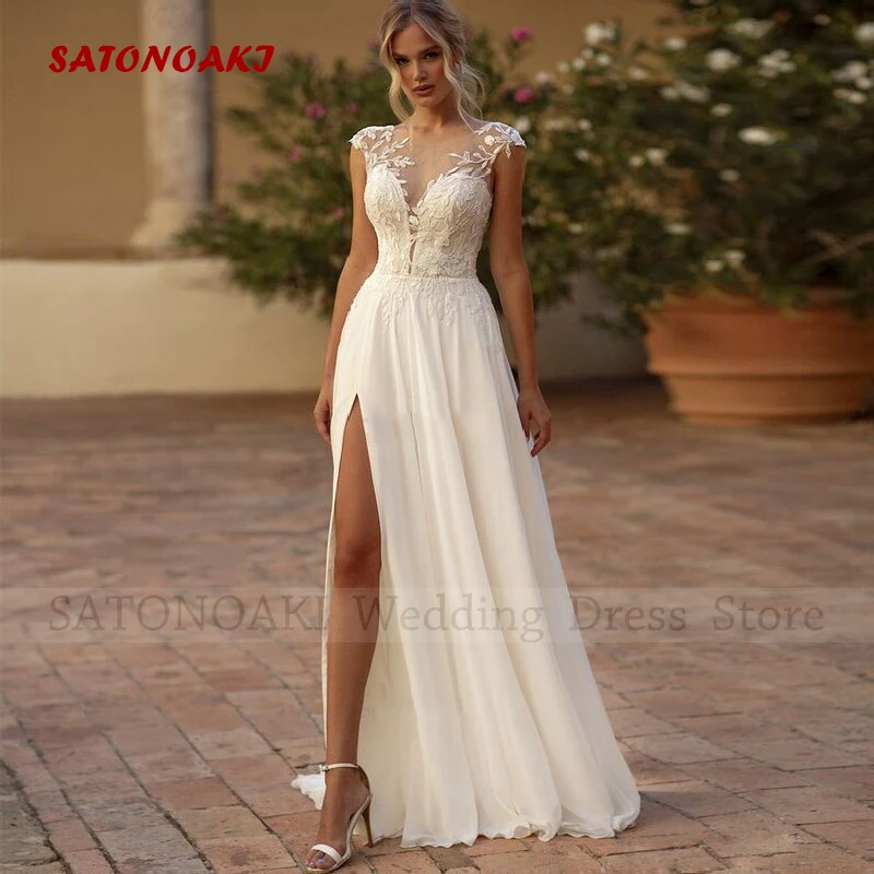 Vestidos De Novia Elegant Boho Sexy Lace Chiffon Wedding Dresses A-Line Backless Side Split Bride Gown Robe Mariée Custom Made