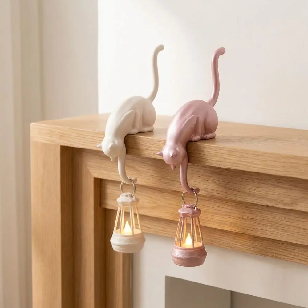 3D Printed Cat Wall Hook Light with Lantern Cute Figurine Cat Shaped Hook Vintage Style Inverted Cat Key Rack Organizer