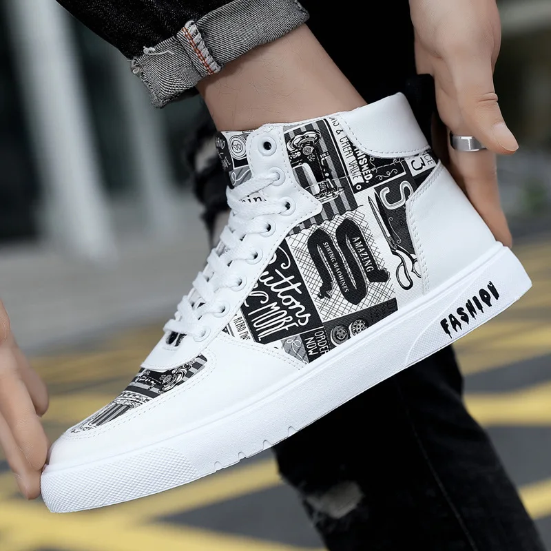 2023 New High Top Men\'s Shoes Personality Graffiti Lace-up Men\'s Shoes Casual Sneakers Student Sneakers Luxury Sneakers Boots