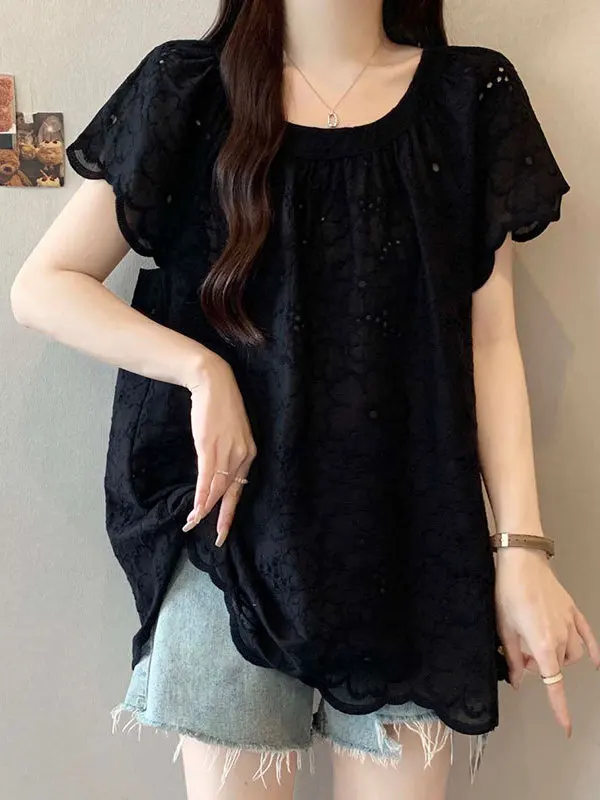 Summer Lace irt Women's Loose Fit ort Sve Hollow out Design plus Size Belly Covering Slimming Single Top