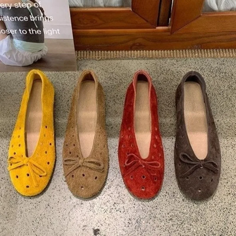 2026 Sommer Damen Ballettschuhe aus Wildleder mit Schleife, runder Zehenpartie, atmungsaktiv, weich, zum Hineinschlüpfen, rutschfest, für den Alltag, lässige flache Schuhe