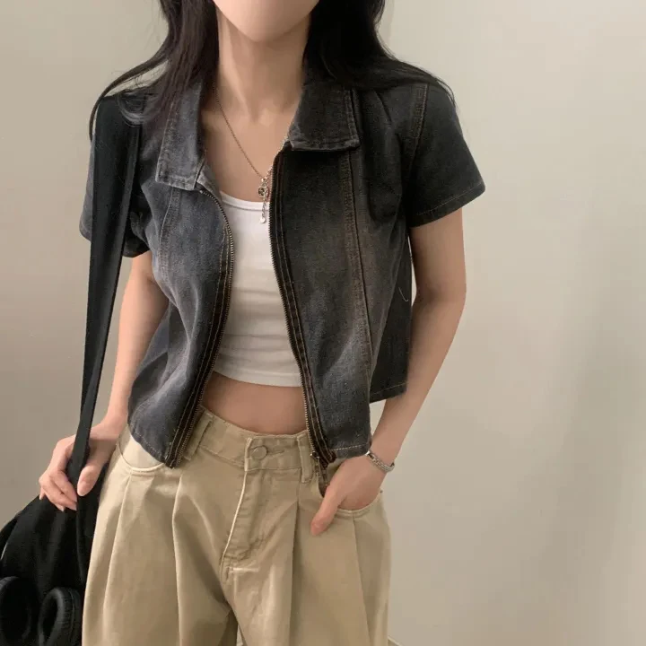 ort Sve Zipper Denim irt Jaet Women's Retro Hong Kong Sle Chic Faion Turn-down Collar Zipper Cardigan Top