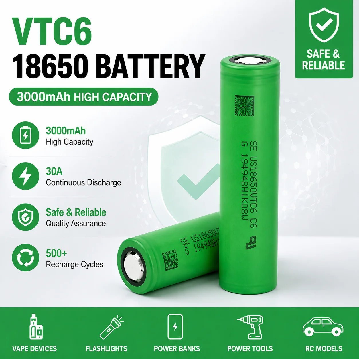 18650 VTC6 3,7 V 3000 mAh Lithium-Ionen-Akku, sicher, langlebig, für LED-Taschenlampen, Klasse A