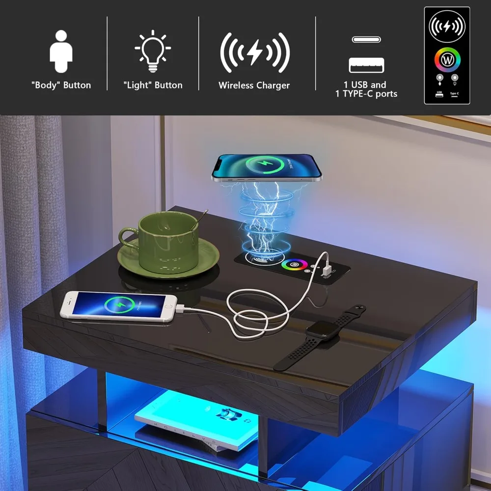 منضدة LED تلقائية مع شحن لاسلكي ومنافذ USB، وطاولة بجانب السرير عالية اللمعان مع درجين، وتصميم عائم #4