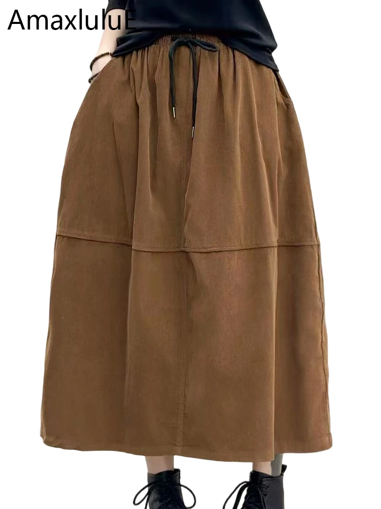 

Amax LuluE 2025 Korean Design Winter Ladies Fashion Corduroy Skirts Women Loose Vintage Casual A-line Clothes Elegant Streetwear