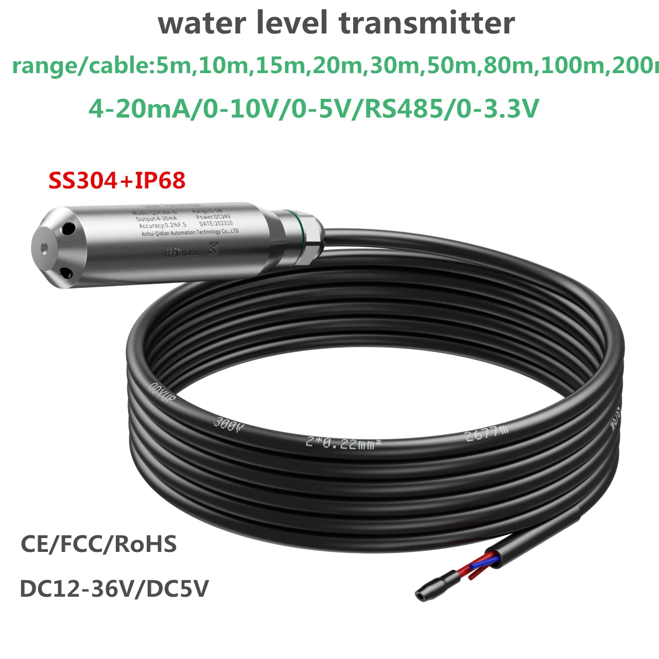 sensor de nivel de agua submersivel transmissor hidraulico de tanque liquido 420ma 010v 05v rs485 5m 10m 50m 100m 200m aco inoxidavel 01