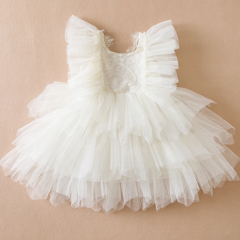 Ruffles Summer Baby Girl Birthday Christening White Dress Children's First Communion Dress Princess Backless Lace Casual Clothes