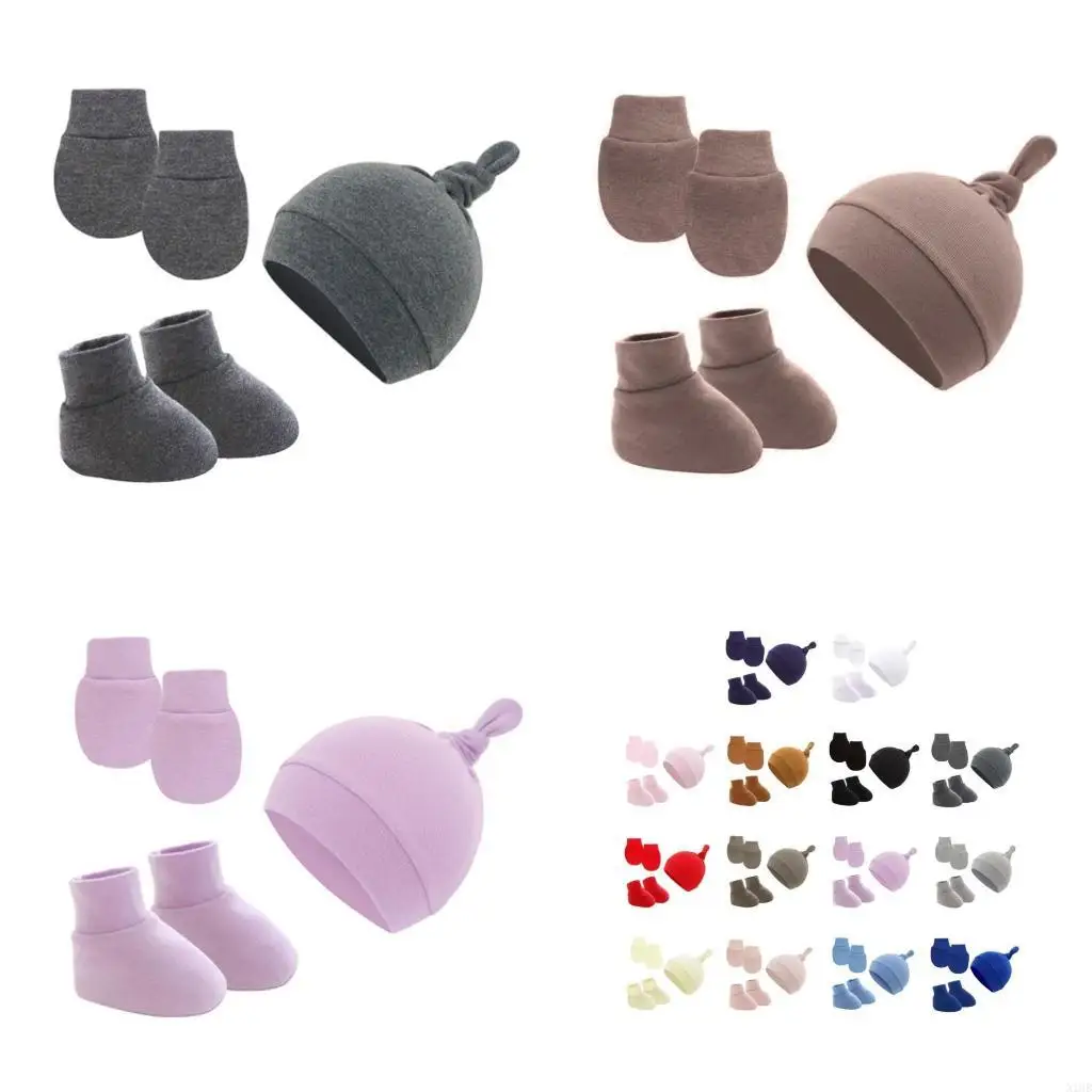 

Новорожденные детские хлопковые шапочки больницы и варежки устанавливают твердый цвет эластичный