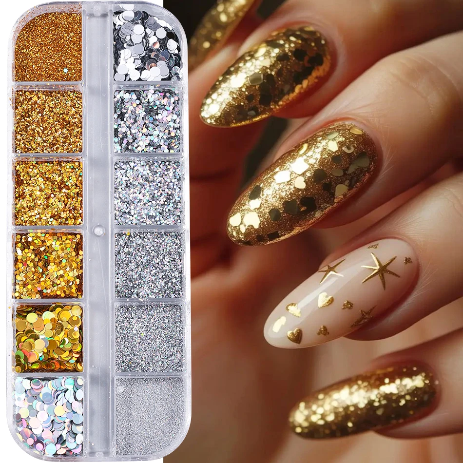 12 شبكة الذهب والفضة مسمار بريق مسحوق المجسم مختلط تألق جولة الترتر رقائق لامعة مانيكير اكسسوارات الديكور فلاش #1