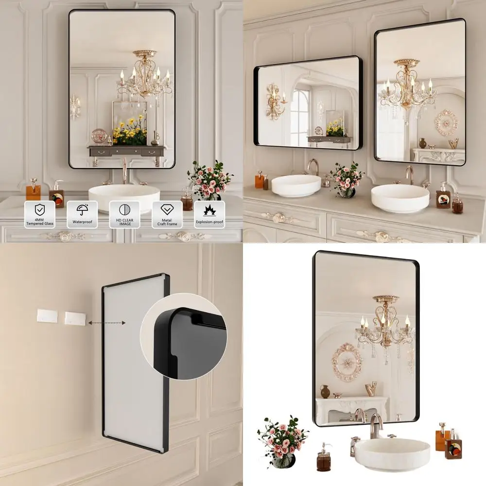 

Зеркало для ванной 24x36 дюймов, матовое черное, в раме, для установки на стену или в тумбу, круглое, с черной металлической окантовкой (горизонтальное/вертикальное)