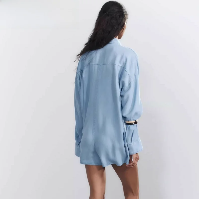 

Summer 2025 Women's Rer ort Denim Drapey Long Sve Turn-down Collar ket Detail High Waist Straight Leg Jumpsuit