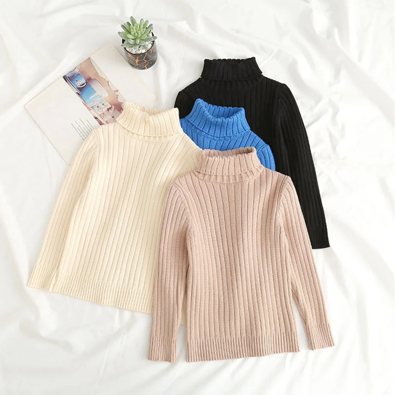 Suéteres de malha de gola alta para crianças, pulôver monocromático, malha quente para crianças, roupas para meninos e meninas, outono e inverno