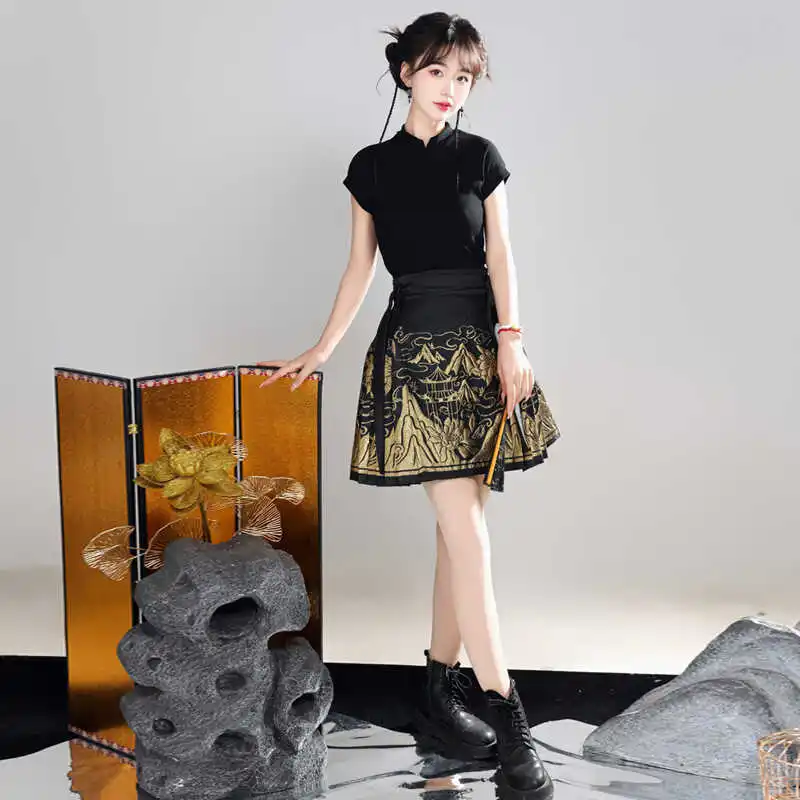 Woven Short Horse-Face Skirt Women's Suit New Chinese Style National Daily Girl Wear and