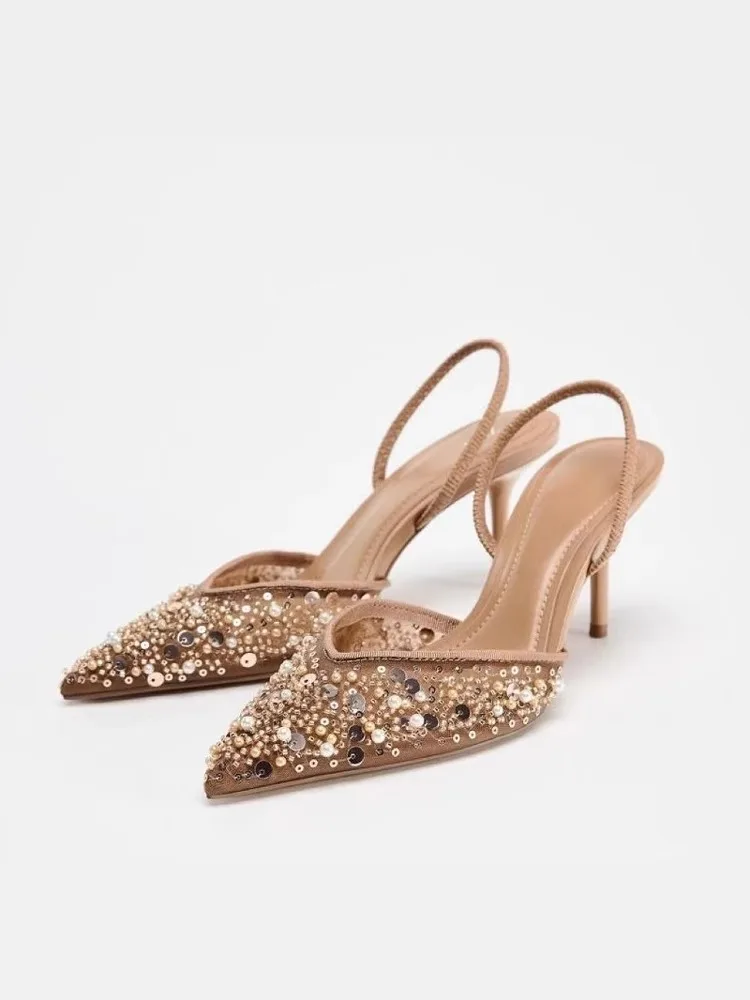 

Spring 2025 Women's Pearl Embellied Peach Color High Heels Me Open Toe Thin High Heel Mule Sandals Breathable Comfortable