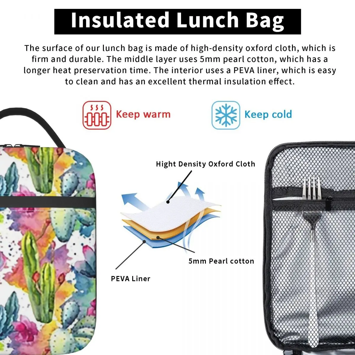 Exotic Wildflower Cactus Pattern Watercolor Style Stylish Insulated Lunch Bag for Women Children Food Boxes Thermal Lunch Box