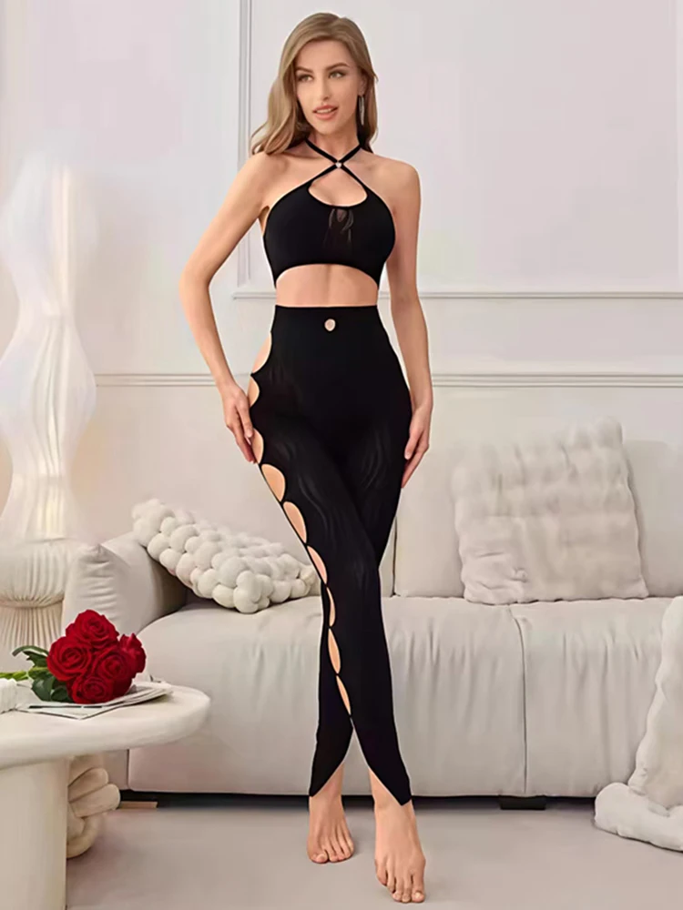 ชุดเซ็กซี่สำหรับผู้หญิง 2 ชิ้น เสื้อครอปแบบผูกคอและกางเกงขายาวทรงสกินนี่เอวสูงเว้าข้าง ชุดเซ็กซี่เข้ารูปสำหรับงานปาร์ตี้คลับ