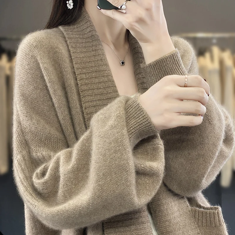 2025 Classic French Lantern Sleeves Cardigan Women's Knitting 100% Merino Wool Sweater Non Buckle Ultra Loose High-quality tops