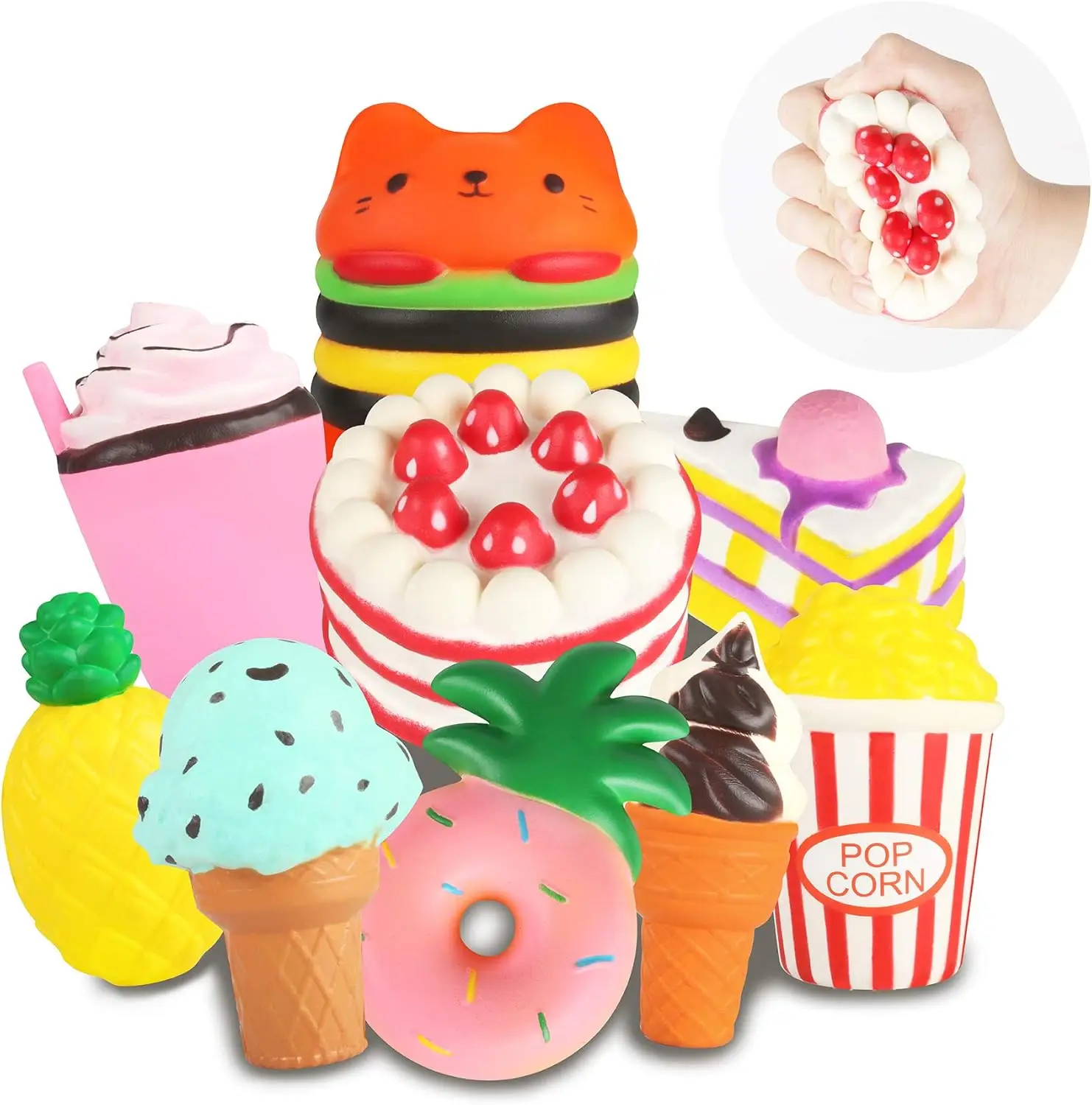 Set de Juguetes Squishies Jumbo Suaves - Paquete de 9 Squishies Kawaii de Hamburguesa, Palomitas, Pastel, Helado y Donut