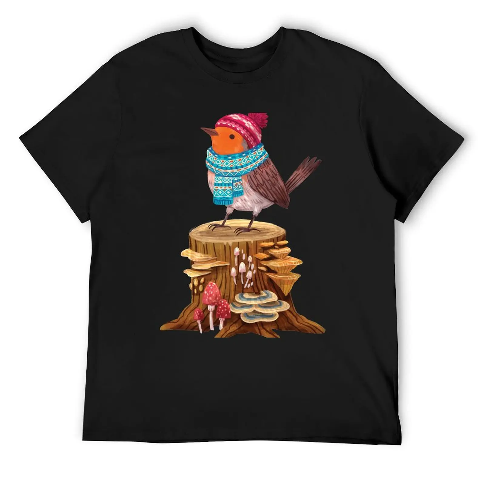 Robin Bird in a cozy winter scarf and hat T-Shirt custom t-shirts anime figures summer shirt mens graphic t-shirts hip hop