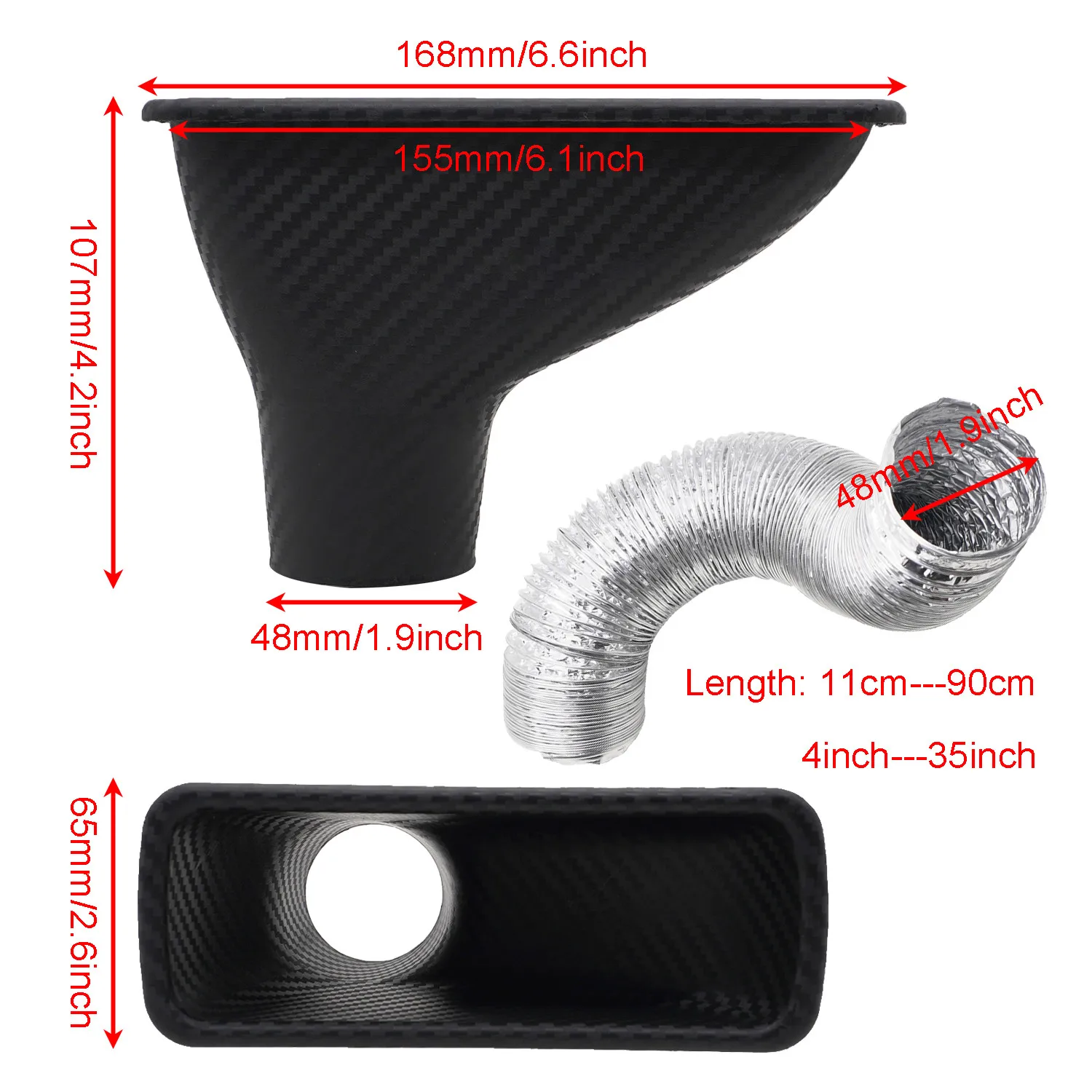 Car Front Bumper Admission Air Intake Pipe Kit Universal Turbo Inlet Hose ABS Plastic Carbon Fiber Look Cold Air Funnel Pipe Set